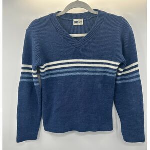Vintage Y2K Helium Striped V Neck Blue Knit Pullover Sweater Womens M Made USA